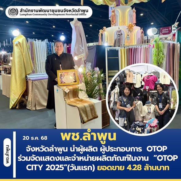 จังหวัดลำพูน นำผู้ผลิต ผู้ประกอบการ  OTOP ร่วมจัดแสดงและจำหน่ายผลิตภัณฑ์ในงาน  “OTOP CITY 2025”(วันแรก) ยอดขาย 4.28 ล้านบาท