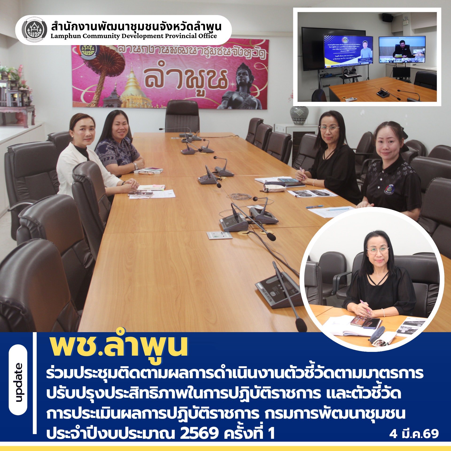 พช.ลำพูน  ร่วมประชุมติดตามผลการดำเนินงานตัวชี้วัดตามมาตรการปรับปรุงประสิทธิภาพในการปฏิบัติราชการ และตัวชี้วัดการประเมินผลการปฏิบัติราชการ กรมการพัฒนาชุมชน ประจำปีงบประมาณ 2569 ครั้งที่ 1 ผ่านระบบวีดิทัศน์ทางไกล  Video Conference 