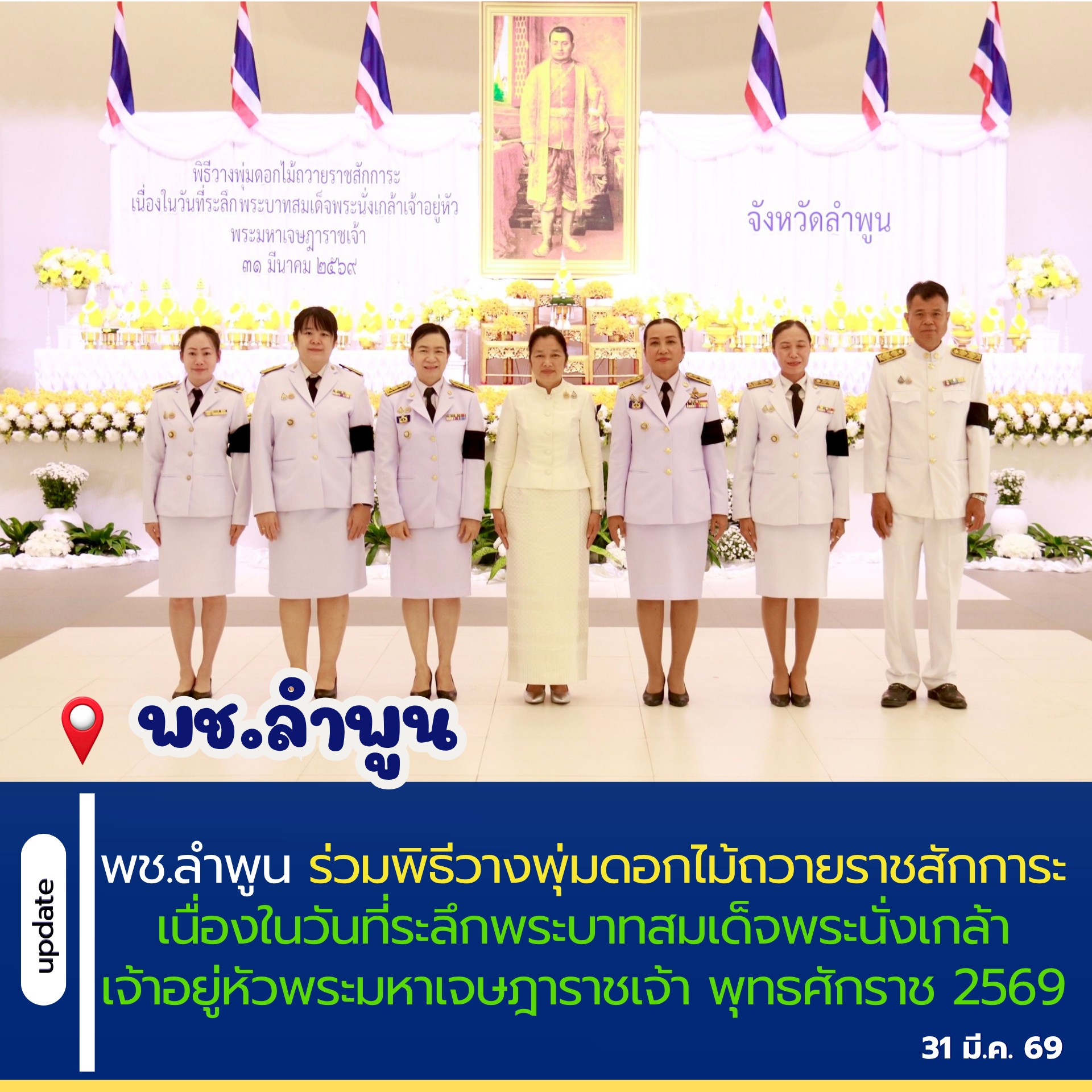 พช.ลำพูน ร่วมพิธีวางพุ่มดอกไม้ถวายราชสักการะ เนื่องในวันที่ระลึกพระบาทสมเด็จพระนั่งเกล้าเจ้าอยู่หัวพระมหาเจษฎาราชเจ้า พุทธศักราช 2569