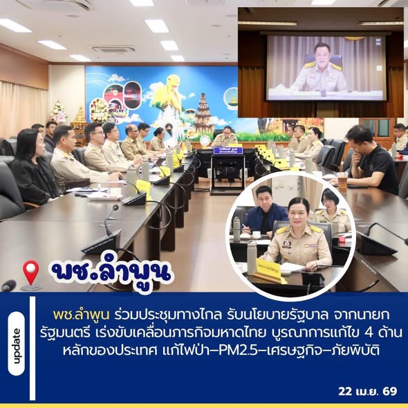 พช.ลำพูน ร่วมประชุมทางไกล รับนโยบายรัฐบาล จากนายกรัฐมนตรี เร่งขับเคลื่อนภารกิจมหาดไทย บูรณาการแก้ไข 4 ด้านหลักของประเทศ แก้ไฟป่า–PM2.5–เศรษฐกิจ–ภัยพิบัติ