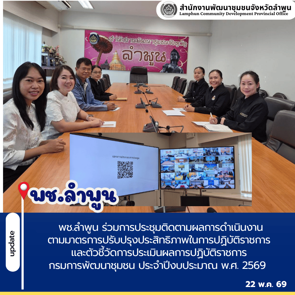 พช.ลำพูน ร่วมการประชุมติดตามผลการดำเนินงานตามมาตรการปรับปรุงประสิทธิภาพในการปฏิบัติราชการ และตัวชี้วัดการประเมินผลการปฏิบัติราชการ กรมการพัฒนาชุมชน ประจำปีงบประมาณ พ.ศ. 2569