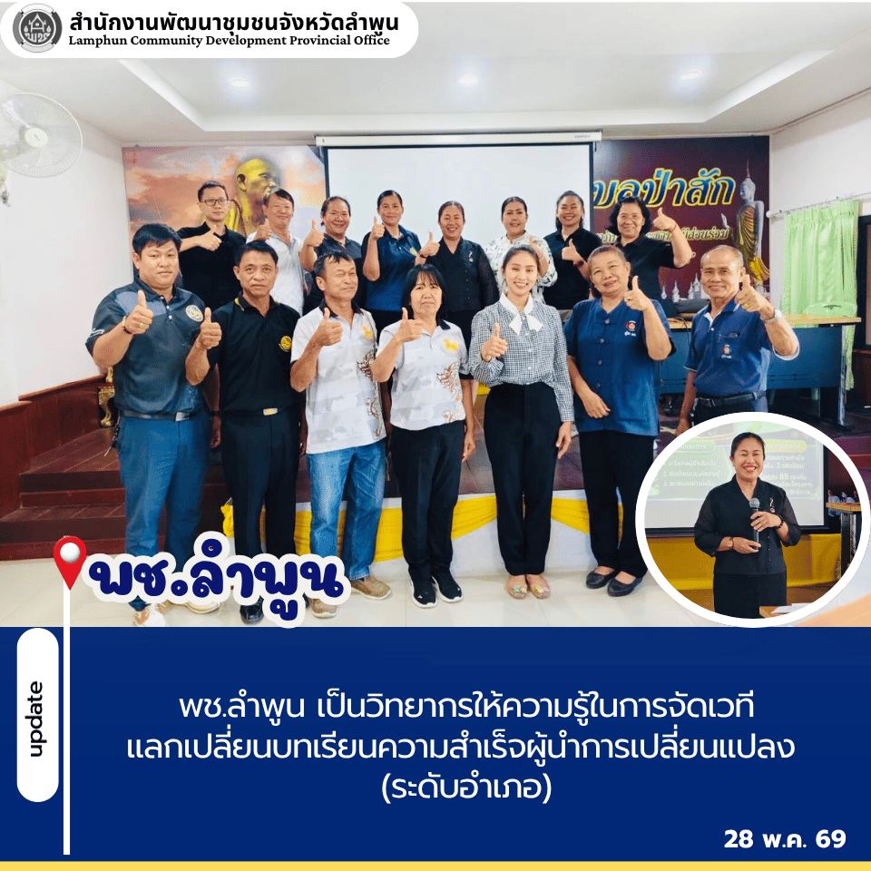 พช.ลำพูน เป็นวิทยากรให้ความรู้ในการจัดเวทีแลกเปลี่ยนบทเรียนความสำเร็จผู้นำการเปลี่ยนแปลง (ระดับอำเภอ)