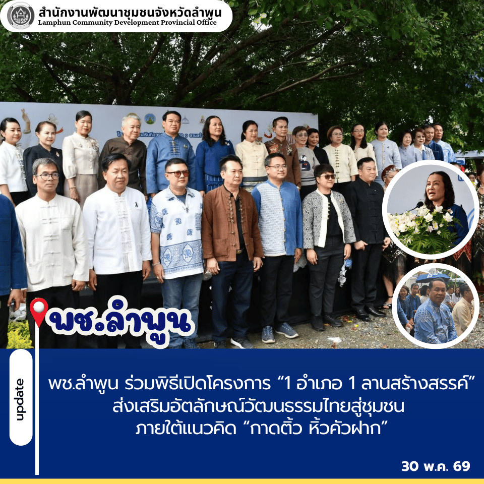 พช.ลำพูน ร่วมพิธีเปิดโครงการ “1 อำเภอ 1 ลานสร้างสรรค์”ส่งเสริมอัตลักษณ์วัฒนธรรมไทยสู่ชุมชน ภายใต้แนวคิด “กาดติ้ว หิ้วคัวฝาก”