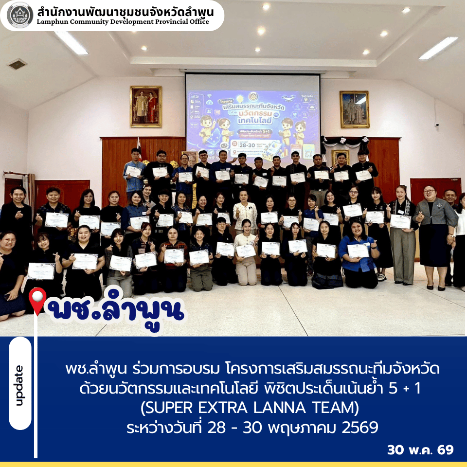 พช.ลำพูน ร่วมการอบรม โครงการเสริมสมรรถนะทีมจังหวัดด้วยนวัตกรรมและเทคโนโลยี พิชิตประเด็นเน้นย้ำ 5 + 1 (Super Extra Lanna Team) ระหว่างวันที่ 28 - 30 พฤษภาคม 2569 ณ หอประชุมทิพย์ช้าง ศูนย์ศึกษาและพัฒนาชุมชนลำปาง