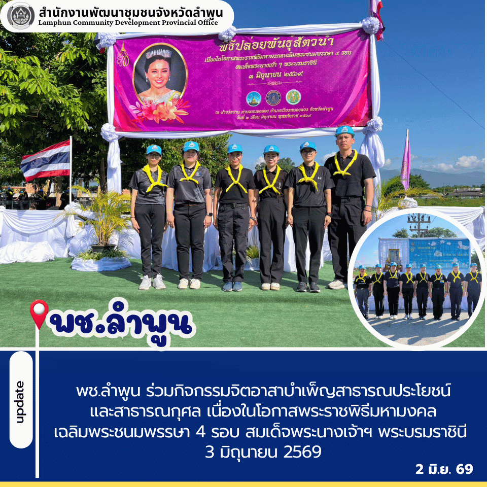 พช.ลำพูน ร่วมกิจกรรมจิตอาสาบำเพ็ญสาธารณประโยชน์และสาธารณกุศล เนื่องในโอกาสพระราชพิธีมหามงคลเฉลิมพระชนมพรรษา 4 รอบ สมเด็จพระนางเจ้าฯ พระบรมราชินี 3 มิถุนายน 2569  
