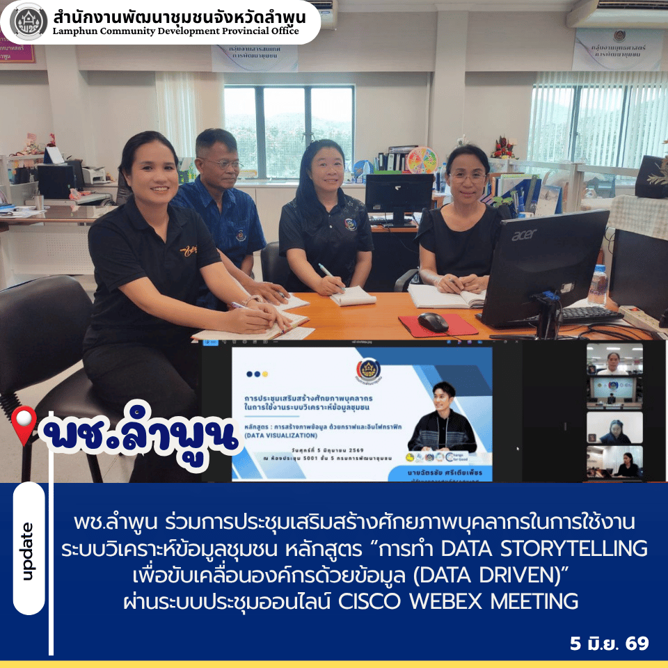 พช.ลำพูน ร่วมการประชุมเสริมสร้างศักยภาพบุคลากรในการใช้งานระบบวิเคราะห์ข้อมูลชุมชน หลักสูตร “การทำ Data Storytelling เพื่อขับเคลื่อนองค์กรด้วยข้อมูล (Data Driven)” ผ่านระบบประชุมออนไลน์ Cisco Webex Meeting 