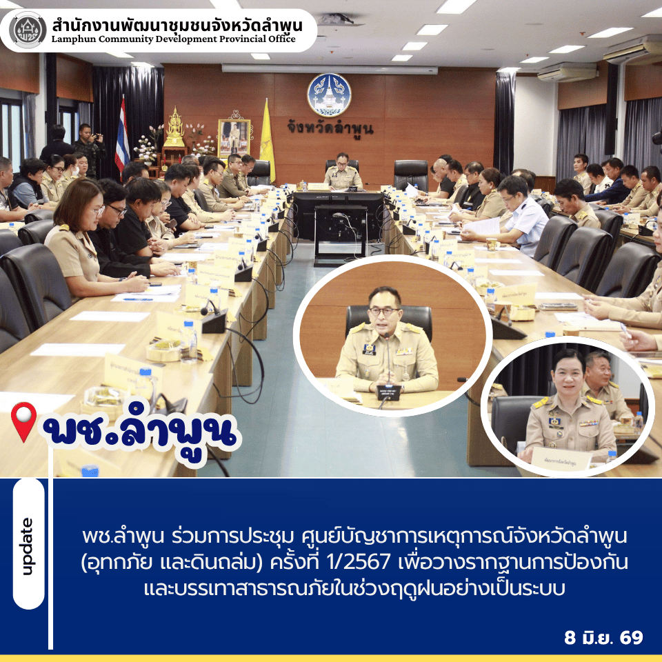 พช.ลำพูน ร่วมการประชุม ศูนย์บัญชาการเหตุการณ์จังหวัดลำพูน (อุทกภัย และดินถล่ม) ครั้งที่ 1/2567 เพื่อวางรากฐานการป้องกันและบรรเทาสาธารณภัยในช่วงฤดูฝนอย่างเป็นระบบ            วันจันทร์ที่ 8 มิถุนายน 2569 เวลา 14.00 น. ณ ห้องประชุมจามเทวี ชั้น 4 ศาลากลางจังหวัดลำพูน นายปิยพงศ์ ชูวงศ์  ผู้ว่าราชการจังหวัดลำพูน เป็นประธานการประชุม ศูนย์บัญชาการเหตุการณ์จังหวัดลำพูน (อุทกภัย และดินถล่ม) ครั้งที่ 1/2567 เพื่อวางรากฐานการป้องกันและบรรเทาสาธารณภัยในช่วงฤดูฝนอย่างเป็นระบบ   ในการนี้ นางลัดดา พรหมเมือง พัฒ