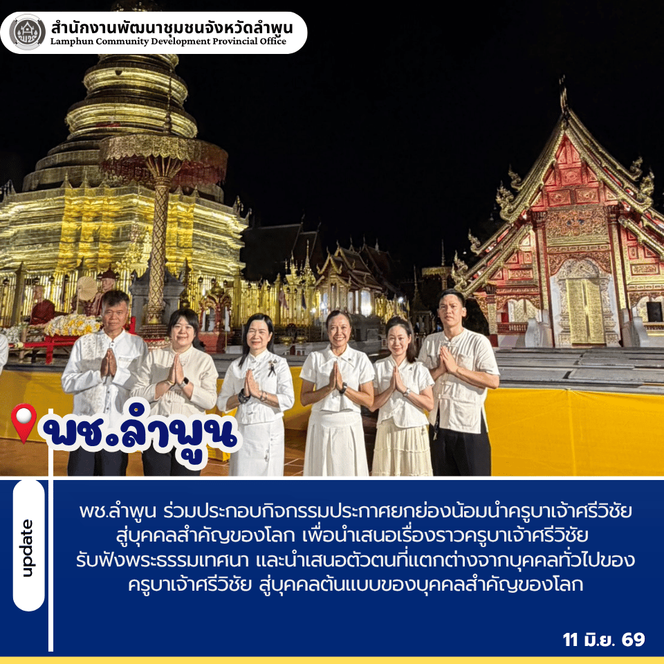 พช.ลำพูน ร่วมประกอบกิจกรรมประกาศยกย่องน้อมนำครูบาเจ้าศรีวิชัยสู่บุคคลสำคัญของโลก เพื่อนำเสนอเรื่องราวครูบาเจ้าศรีวิชัย รับฟังพระธรรมเทศนา และนำเสนอตัวตนที่แตกต่างจากบุคคลทั่วไปของครูบาเจ้าศรีวิชัย สู่บุคคลต้นแบบของบุคคลสำคัญของโลก