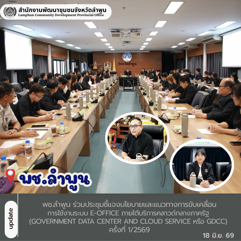 พช.ลำพูน ร่วมประชุมชี้แจงนโยบายและแนวทางการขับเคลื่อนการใช้งานระบบ e-Office ภายใต้บริการคลาวด์กลางภาครัฐ (Government Data Center and Cloud Service หรือ GDCC) ครั้งที่ 1/2569