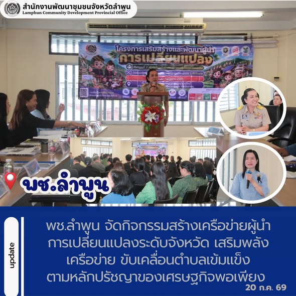 พช.ลำพูน จัดกิจกรรมสร้างเครือข่ายผู้นำการเปลี่ยนแปลงระดับจังหวัด เสริมพลังเครือข่าย ขับเคลื่อนตำบลเข้มแข็งตามหลักปรัชญาของเศรษฐกิจพอเพียง
