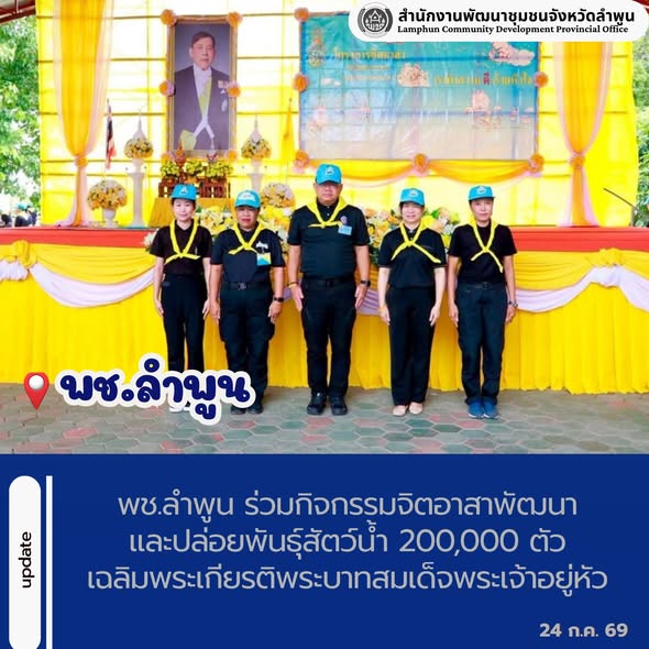 พช.ลำพูน ร่วมกิจกรรมจิตอาสาพัฒนาและปล่อยพันธุ์สัตว์น้ำ 200,000 ตัว เฉลิมพระเกียรติพระบาทสมเด็จพระเจ้าอยู่หัว