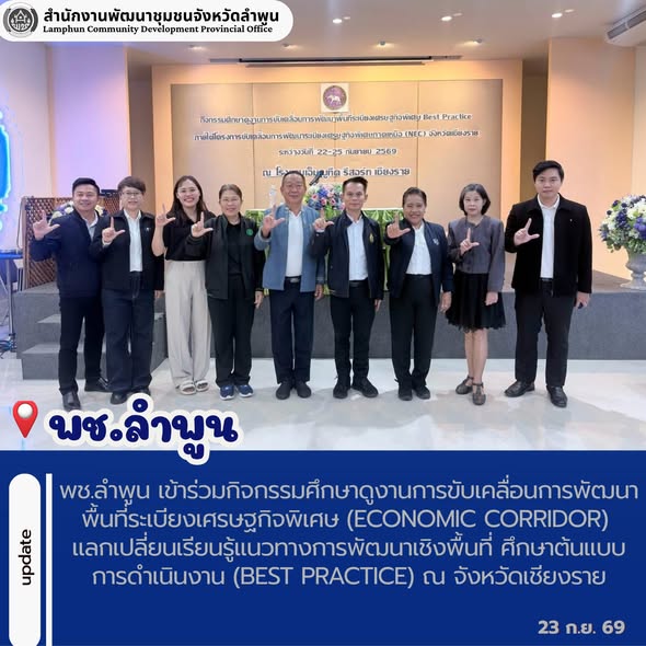 พช.ลำพูน เข้าร่วมกิจกรรมศึกษาดูงานการขับเคลื่อนการพัฒนาพื้นที่ระเบียงเศรษฐกิจพิเศษ (Economic Corridor) แลกเปลี่ยนเรียนรู้แนวทางการพัฒนาเชิงพื้นที่ ศึกษาต้นแบบการดำเนินงาน (Best Practice) ณ จังหวัดเชียงราย