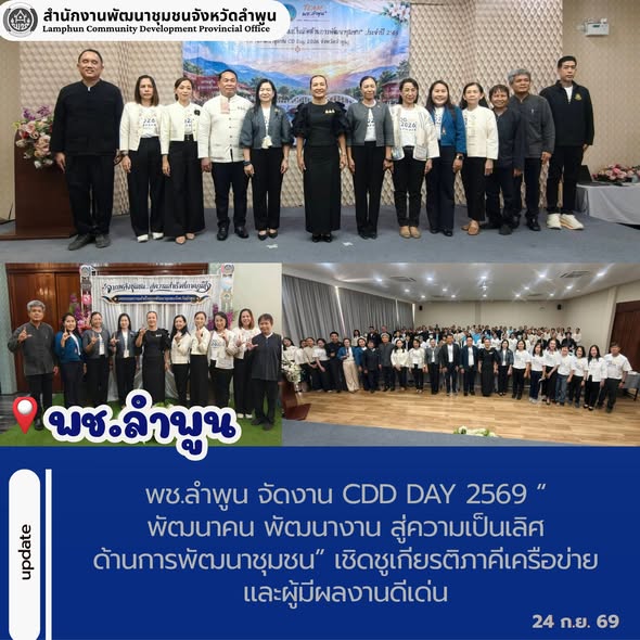 พช.ลำพูน จัดงาน CDD Day 2569 “พัฒนาคน พัฒนางาน สู่ความเป็นเลิศด้านการพัฒนาชุมชน” เชิดชูเกียรติภาคีเครือข่ายและผู้มีผลงานดีเด่น