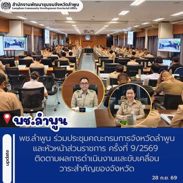 พช.ลำพูน ร่วมประชุมคณะกรมการจังหวัดลำพูนและหัวหน้าส่วนราชการ ครั้งที่ 9/2569 ติดตามผลการดำเนินงานและขับเคลื่อนวาระสำคัญของจังหวัด